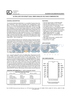 ALD2321BSCL datasheet - ULTRA LOW VOS EPAD^ DUAL CMOS ANALOG VOLTAGE COMPARATOR