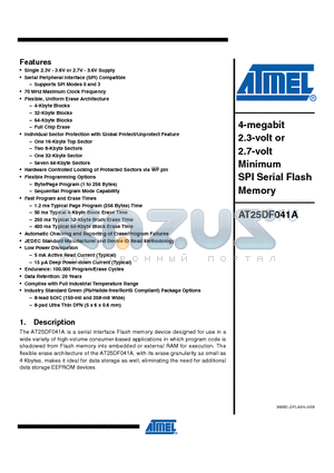 AT25DF041A datasheet - 4-megabit 2.3-volt or 2.7-volt Minimum SPI Serial Flash Memory