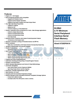 AT25DF641A-SH-B datasheet - 64-Mbit 2.7V Minimum Serial Peripheral Interface Serial Flash Memory