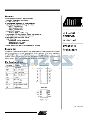 AT25P1024C1-10CI-1.8 datasheet - SPI Serial EEPROMs