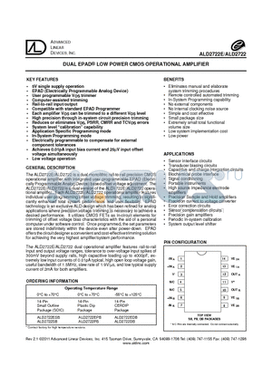 ALD2722SB datasheet - DUAL EPAD^ LOW POWER CMOS OPERATIONAL AMPLIFIER