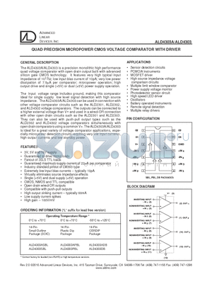 ALD4303ASBL datasheet - QUAD PRECISION MICROPOWER CMOS VOLTAGE COMPARATOR WITH DRIVER