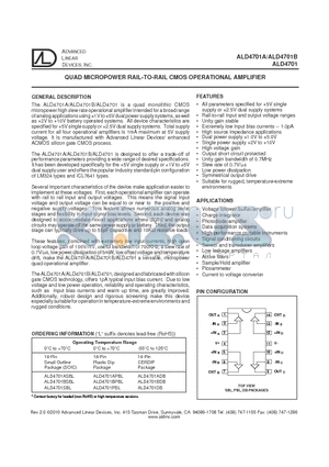 ALD4701ASBL datasheet - QUAD MICROPOWER RAIL-TO-RAIL CMOS OPERATIONAL AMPLIFIER