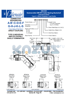 390SS035M08 datasheet - Submersible EMI/RFI Cable Sealing Backshell with Strain Relief