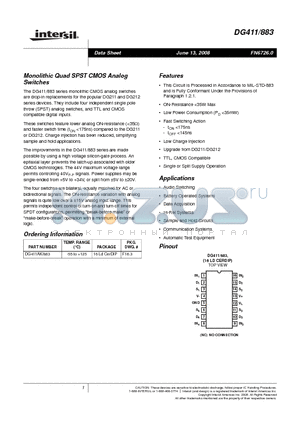 DG411AK/883 datasheet - Monolithic Quad SPST CMOS Analog Switches