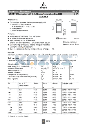 B57311 datasheet - Temperature Measurement SMD NTC Thermistors with Nickel Barrier Termination