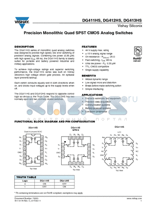 DG413HS datasheet - Precision Monolithic Quad SPST CMOS Analog Switches