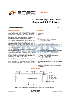 CAP1026 datasheet - 6 Channel Capacitive Touch Sensor with 2 LED Drivers