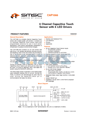 CAP1066-1-BP-TR datasheet - 6 Channel Capacitive Touch Sensor with 6 LED Drivers