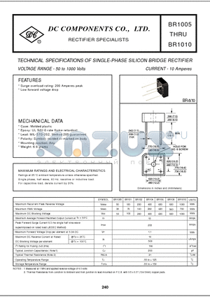 BR1010 datasheet - TECHNICAL SPECIFICATIONS OF SINGLE-PHASE SILICON BRIDGE RECTIFIER