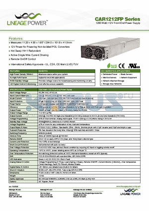 CAR1212FPC-1A datasheet - 1200 Watt 12V Front End Power Supply