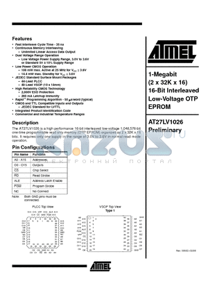 AT27LV1026-35VI datasheet - 1-Megabit 2 x 32K x 16 16-Bit Interleaved Low-Voltage OTP EPROM