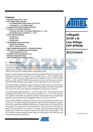 AT27LV040A-90VI datasheet - 4-Megabit (512K x 8) Low Voltage OTP EPROM