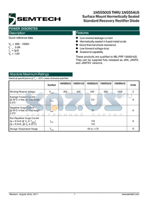 1N5554US datasheet - Surface Mount Hermetically Sealed Standard Recovery Rectifier Diode