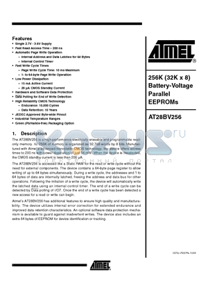 AT28BV256-20JU datasheet - 256K (32K x 8) Battery-Voltage Parallel EEPROMs