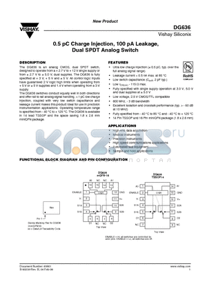 DG636 datasheet - 0.5 pC Charge Injection, 100 pA Leakage, Dual SPDT Analog Switch
