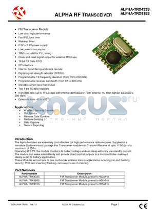 ALPHA-TRX433S datasheet - The Alpha Modules are extremely cost effective but high performance radio modules.