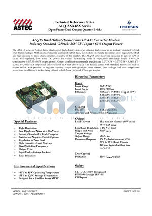 ALQ15FG48N-6D datasheet - Industry Standard l Brick: 36V-75V Input / 60W Output Power