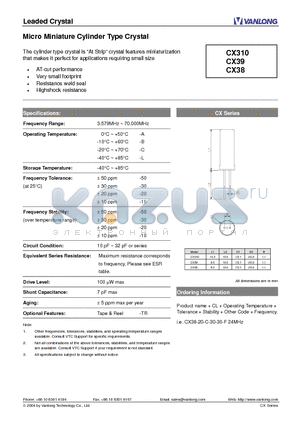 CX39 datasheet - Micro Miniature Cylinder Type Crystal