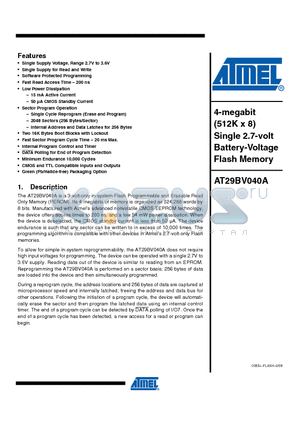 AT29BV040A-20JU datasheet - 4-megabit (512K x 8) Single 2.7-volt Battery-Voltage Flash Memory