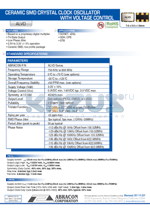 ALVD datasheet - CERAMIC SMD CRYSTAL CLOCK OSCILLATOR WITH VOLTAGE CONTROL