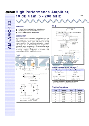 AM-132PIN datasheet - High Performance Amplifier, 10 dB Gain, 5 - 200 MHz