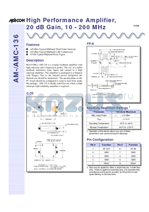 AM-136PIN datasheet - High Performance Amplifier, 20 dB Gain, 10 - 200 MHz