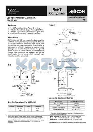 AM-162PIN datasheet - Low Noise Amplifier, 12.5 dB Gain, 10 - 100 MHz