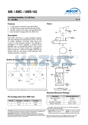 AM-162PIN datasheet - Low Noise Amplifier, 12.5 dB Gain, 10 - 100 MHz