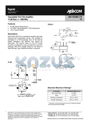 AM-176 datasheet - Cascadable Thin Film Amplifier 13 dB Gain, 5 - 1000 MHz