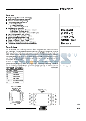 AT29LV020-20 datasheet - 2 Megabit 256K x 8 3-volt Only CMOS Flash Memory