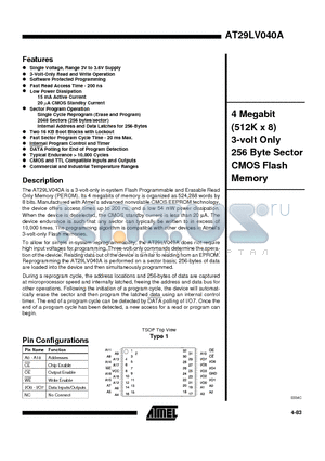 AT29LV040A-20TC datasheet - 4 Megabit 512K x 8 3-volt Only 256 Byte Sector CMOS Flash Memory