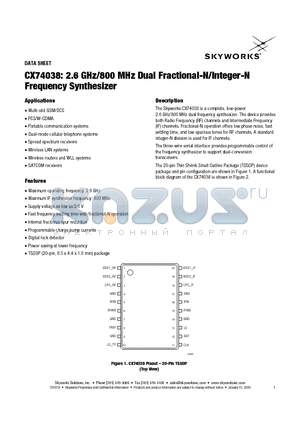 CX74038-12 datasheet - 2.6 GHz/800 MHz Dual Fractional-N/lnteger-N Frequency Synthesizer