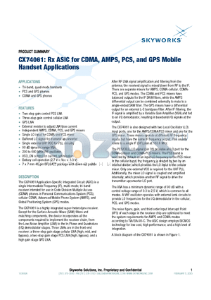 CX74061 datasheet - Rx ASIC for CDMA, AMPS, PCS, and GPS Mobile Handset Applications