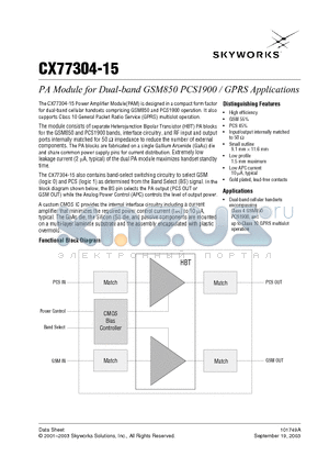 CX77304-15 datasheet - PA Module for Dual-band GSM850 PCS1900 / GPRS Applications