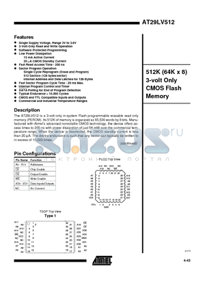 AT29LV512-25JI datasheet - 512K 64K x 8 3-volt Only CMOS Flash Memory