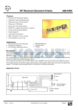 AM-HIRK datasheet - RF RECEIVER DECODER HYBRID.