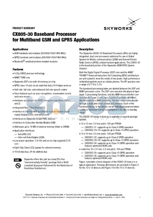 CX805-30 datasheet - CX805-30 Baseband Processor for Multiband GSM and GPRS Applications