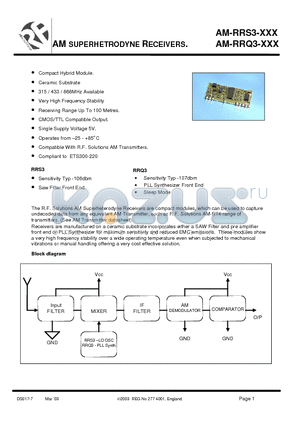 AM-RRS3-433 datasheet - AM SUPERHETRODYNE RECEIVERS