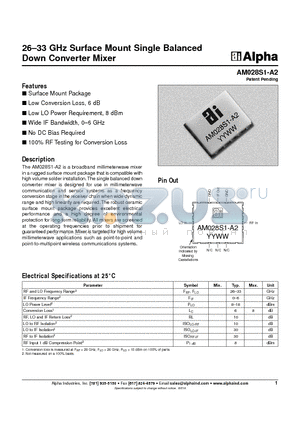 AM028S1-A2 datasheet - 26-33 GHz Surface Mount Single Balanced Down Converter Mixer