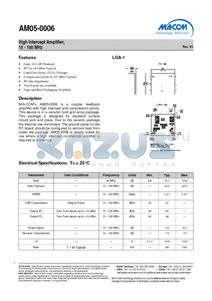 AM05-0006TR datasheet - High Intercept Amplifier, 15 - 100 MHz