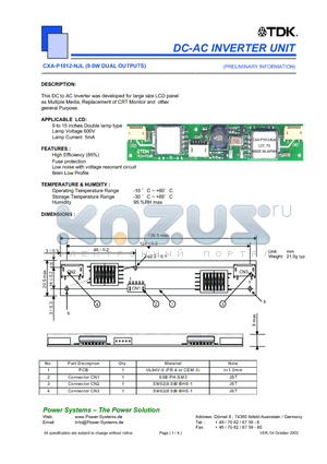 CXA-P1012-NJL datasheet - DC-AC INVERTER UNIT 9.0W DUAL OUTPUTS
