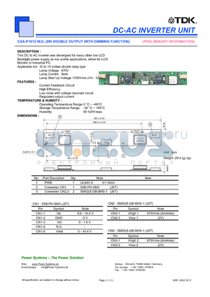 CXA-P1612-WJL datasheet - DC-AC INVERTER UNIT 9W DOUBLE OUTPUT WITH DIMMING FUNCTION