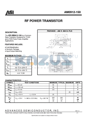 AM0912-150 datasheet - FR POWER TRANSISTOR