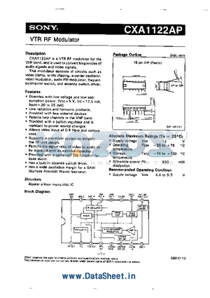 CXA1122AP datasheet - VTR RF Modulator