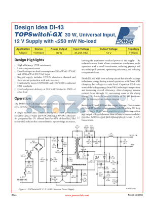 DI-43 datasheet - 30 W, Universal Input, 12 V Supply with <250 mW No-load