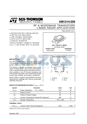 AM1214-200 datasheet - L-BAND RADAR APPLICATIONS RF & MICROWAVE TRANSISTORS