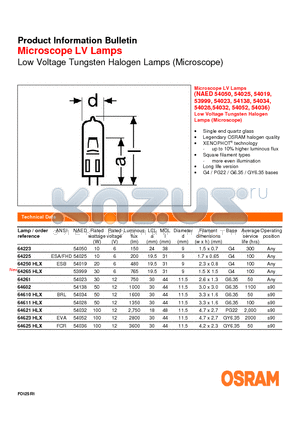 54138 datasheet - Product Information Bulletin Microscope LV Lamps Low Voltage Tungsten Halogen Lamps (Microscope)