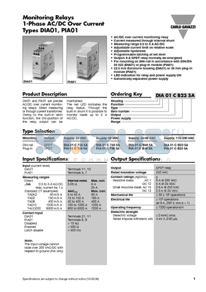 DIA01C7485A datasheet - Monitoring Relays 1-Phase AC/DC Over Current