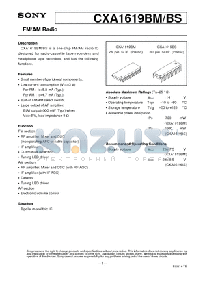 CXA1619BM datasheet - FM/AM Radio